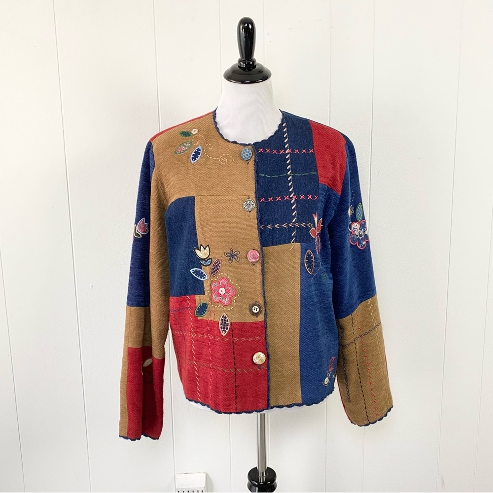 VTG Koret City Blues Women Jacket Sz M Blue Denim Floral Patchwork Embroidered
